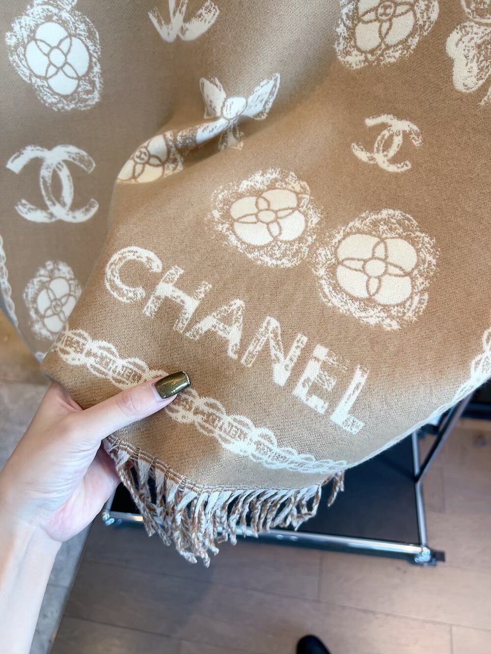 Chanel Fringed Patterned Scarf — detail