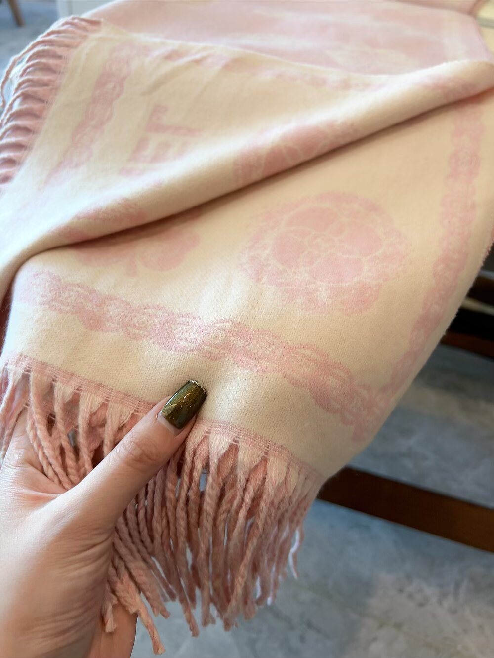 Chanel Logo-Pattern Fringed Scarf — detail