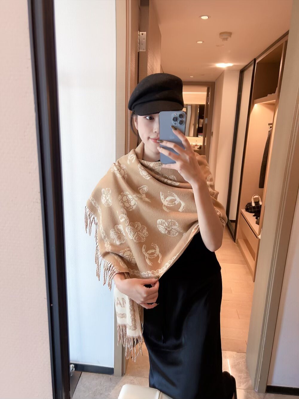 Chanel Logo-Pattern Fringed Scarf — model