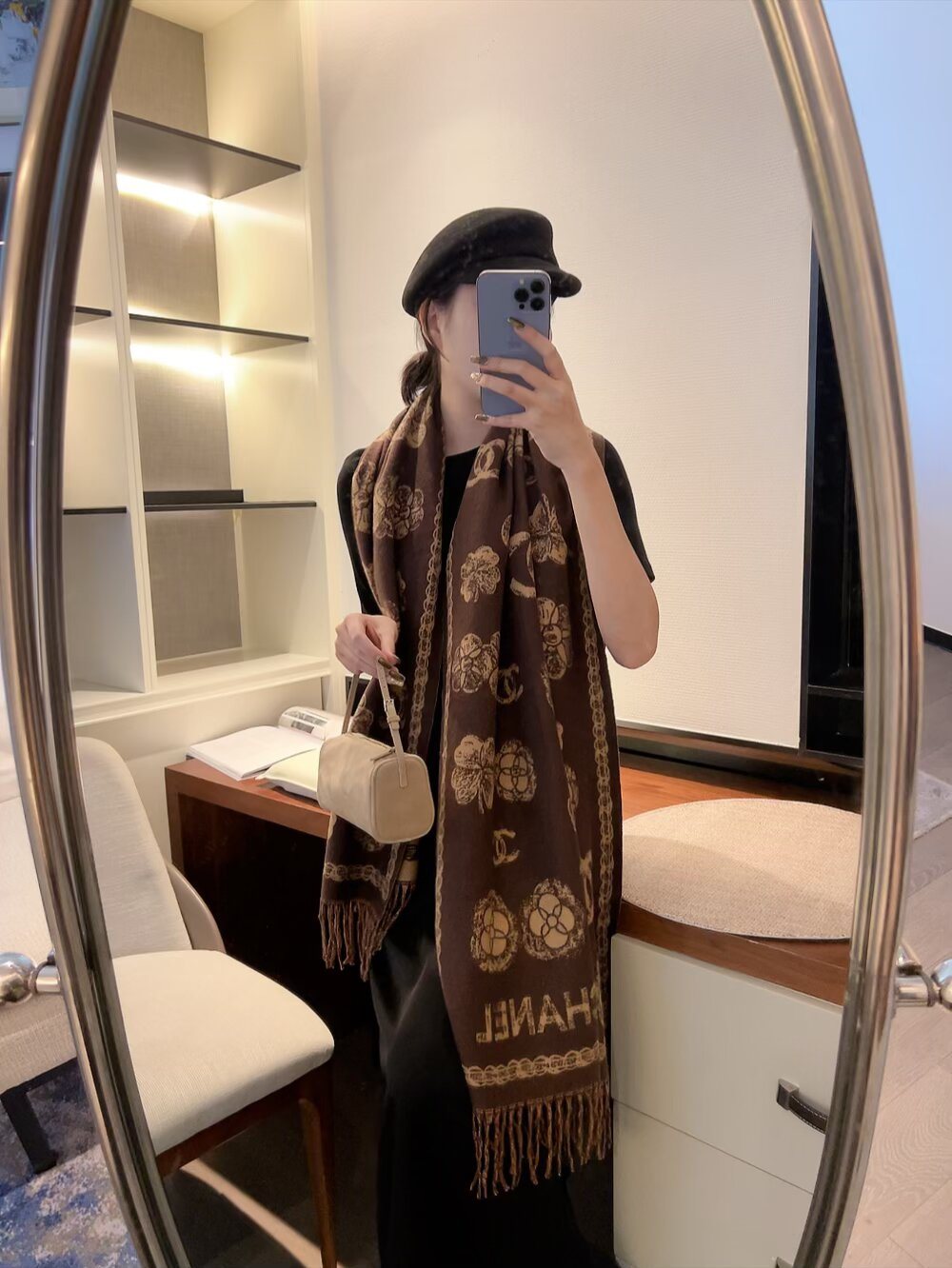 Chanel Logo-Pattern Fringed Scarf — front