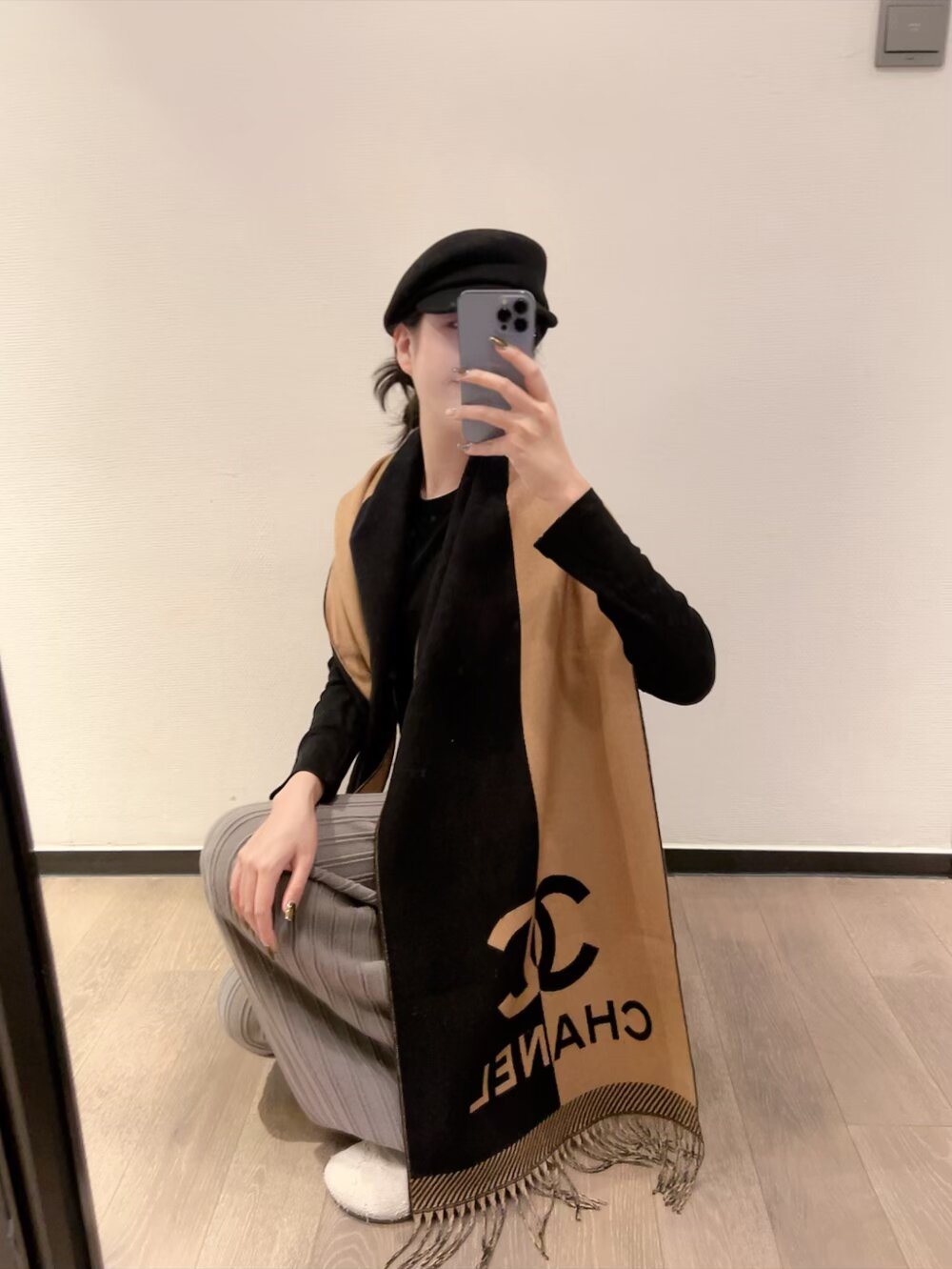 Chanel Color-Block Fringed Scarf — model