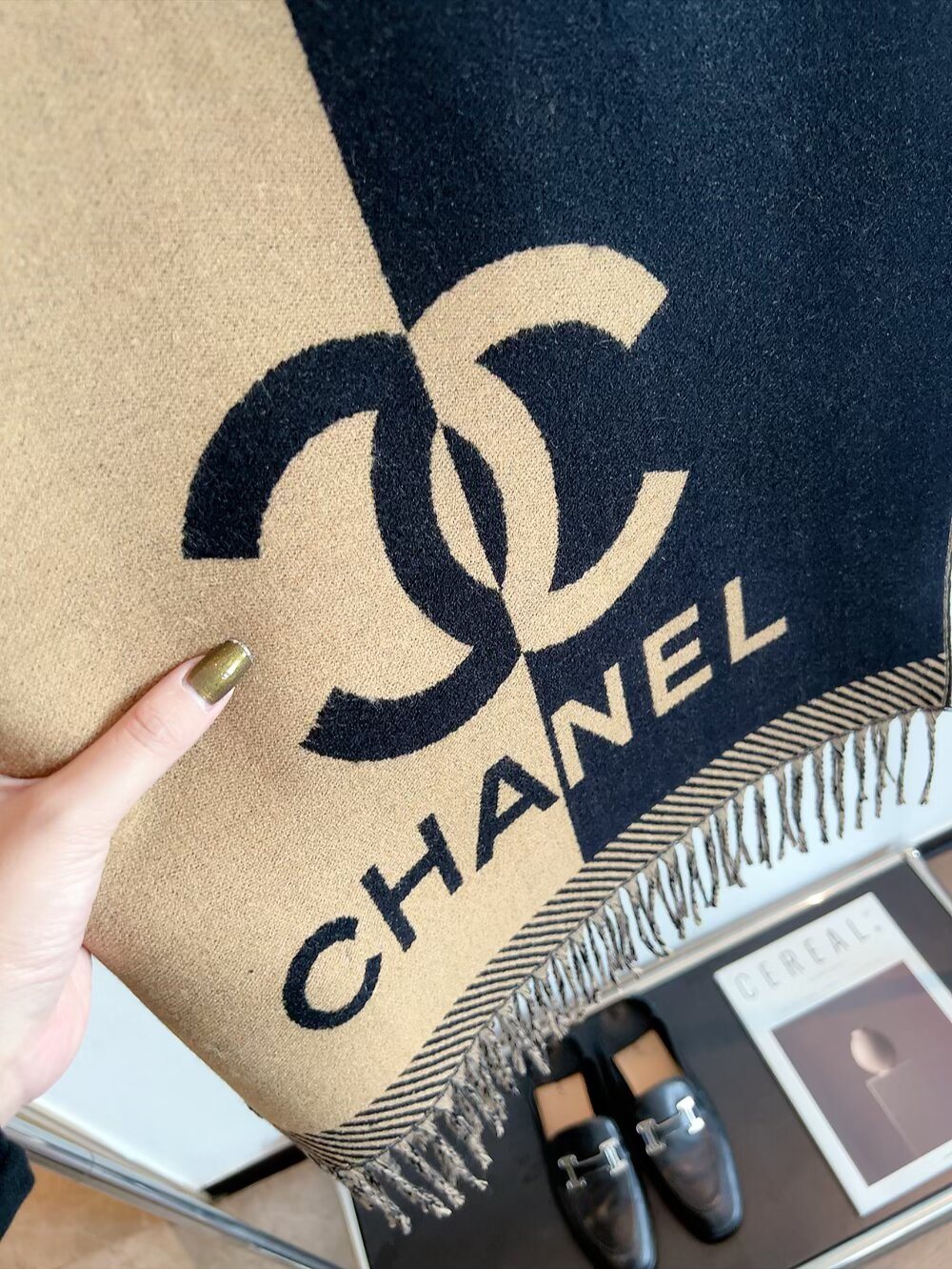 Chanel Color-Block Fringed Scarf — detail