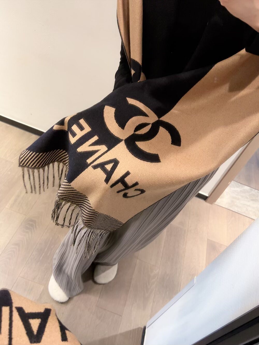 Chanel Color-Block Fringed Scarf — detail