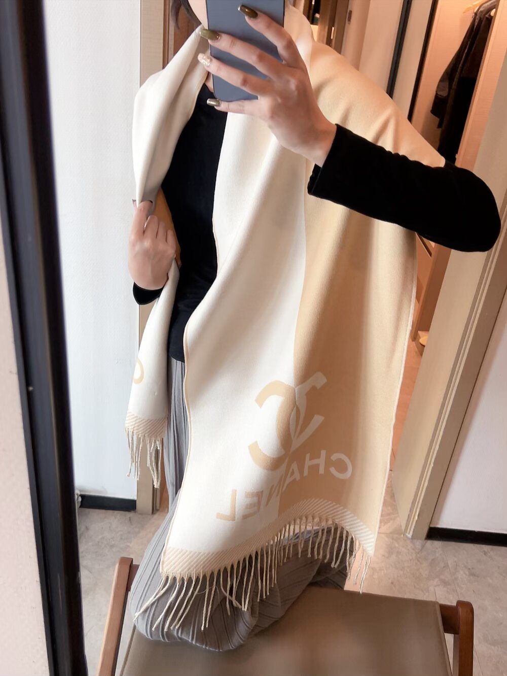 Chanel Color-Block Fringed Scarf — model
