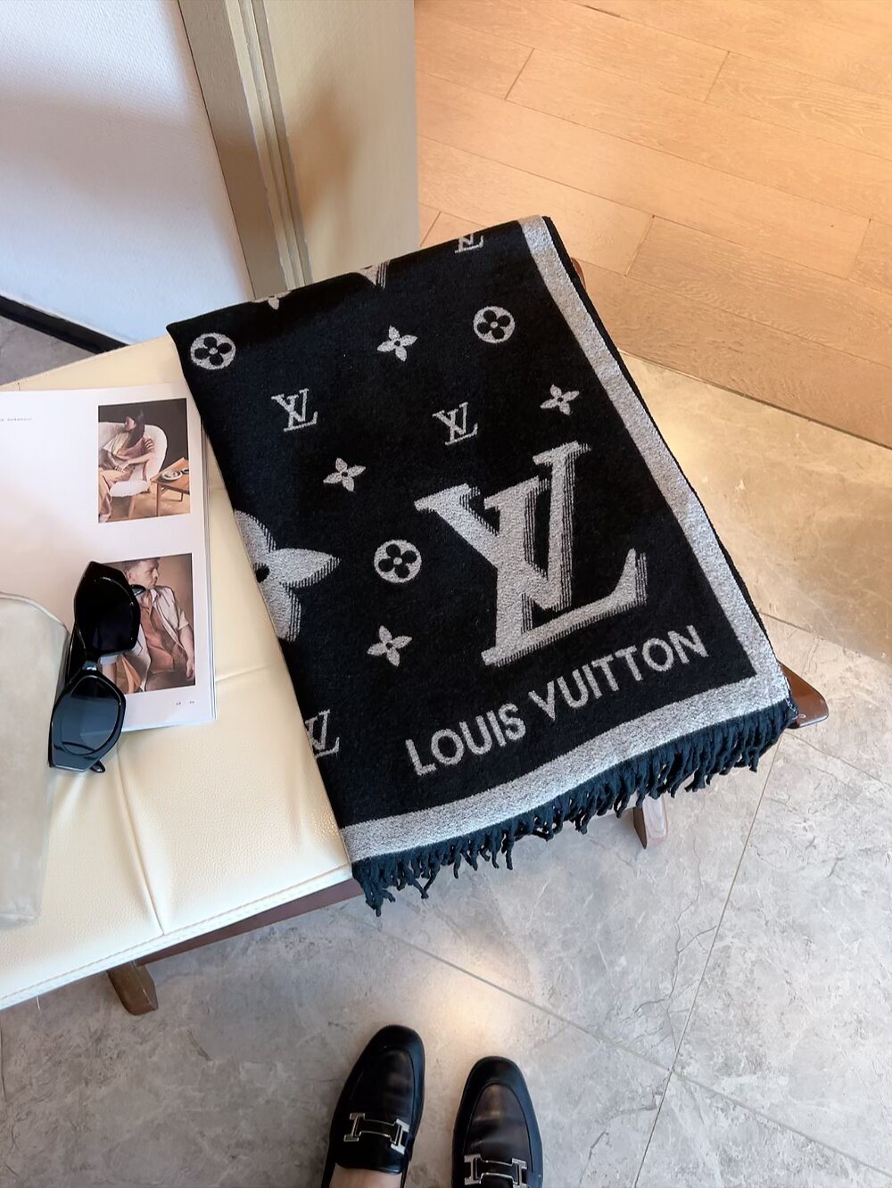 Louis Vuitton Black & Gray Logo Scarf — front