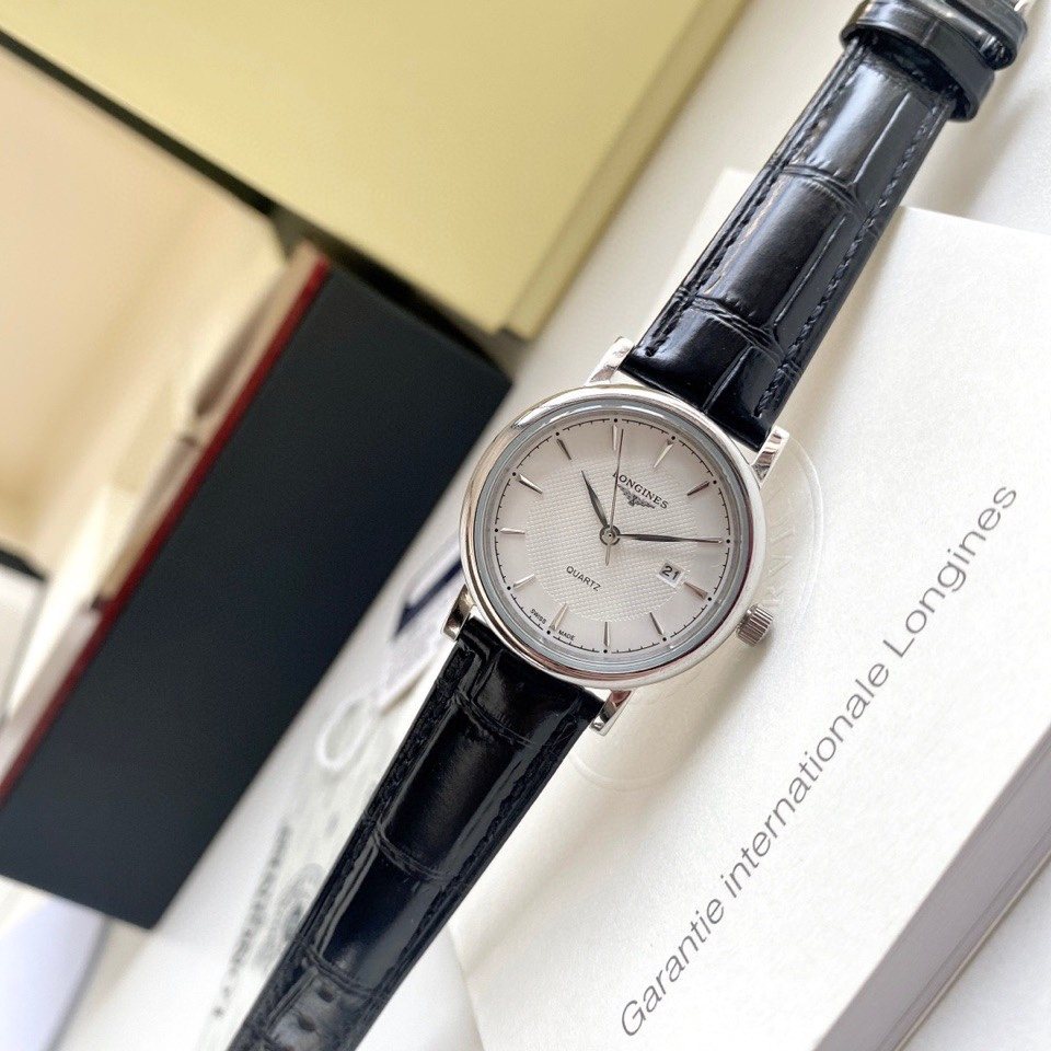 Longines White Dial Black Leather Strap Watch — hero