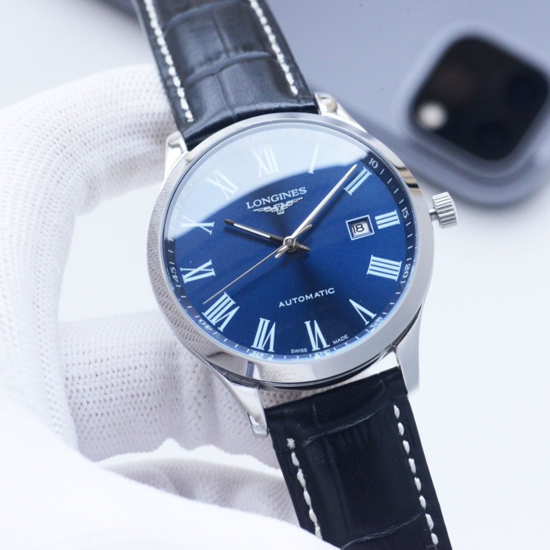 Longines Silver Black Blue Dial Leather Strap Watch — hero