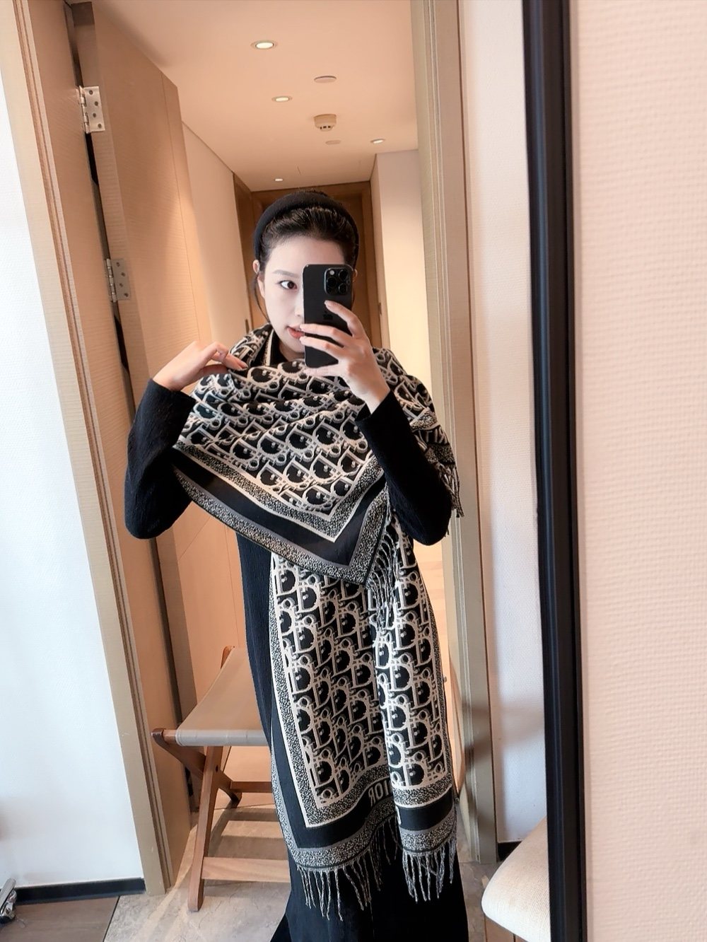 Dior Fringed Monogram Scarf — model