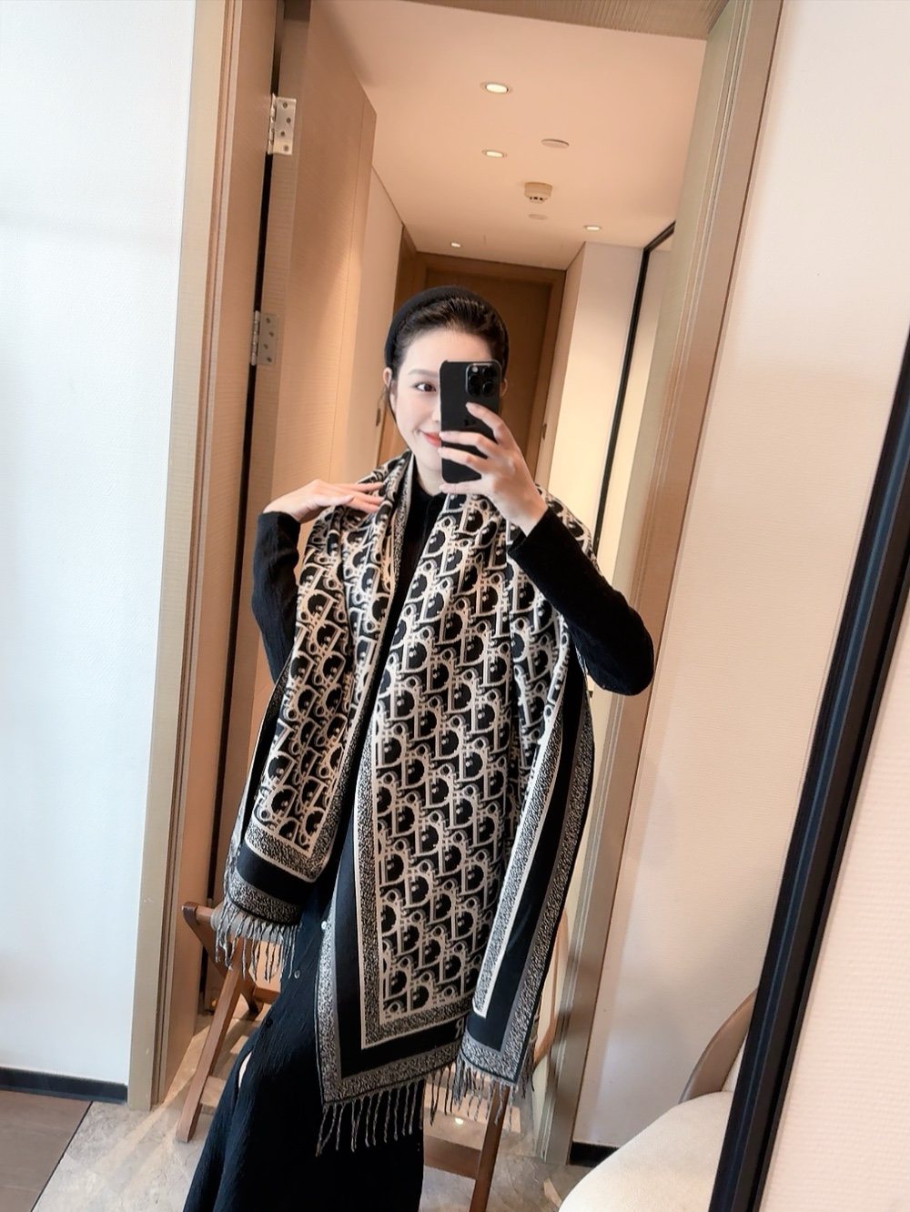 Dior Fringed Monogram Scarf — model