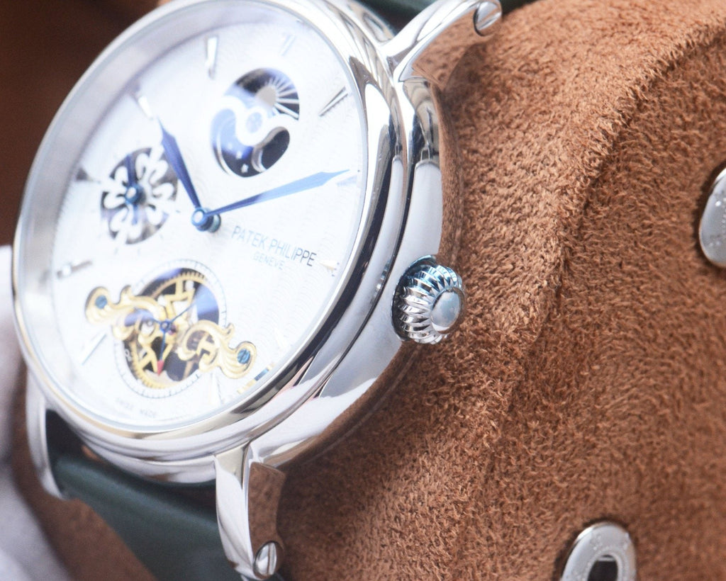 Patek Philippe Silver Green White Dial Strap Watch — detail