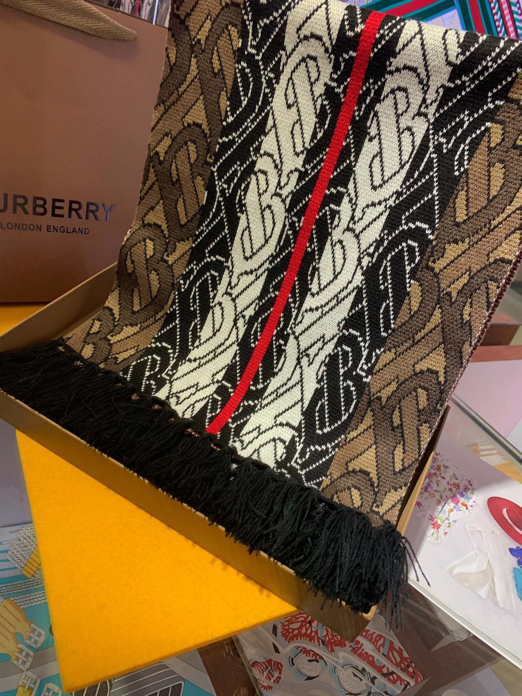 Burberry TB Monogram Fringed Scarf — detail