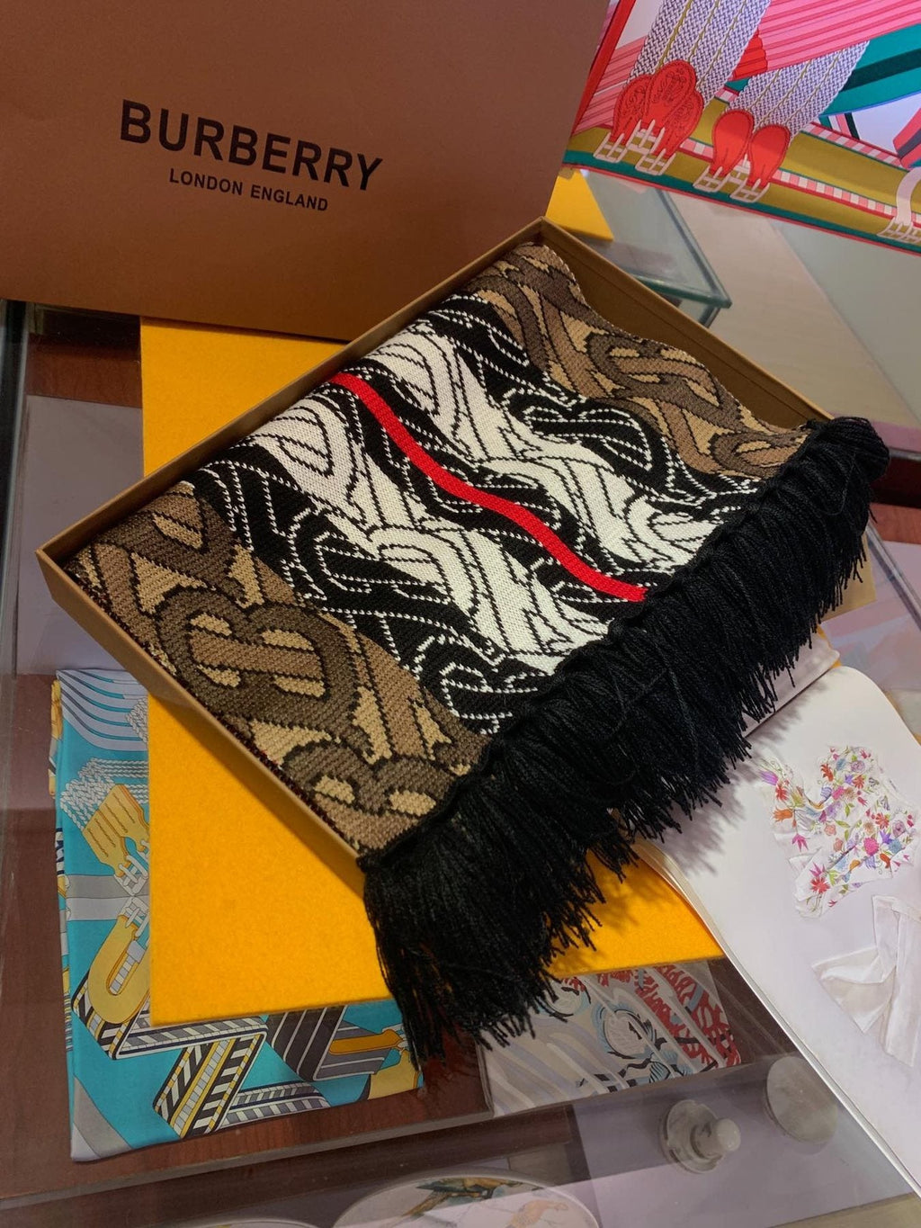 Burberry TB Monogram Fringed Scarf — detail