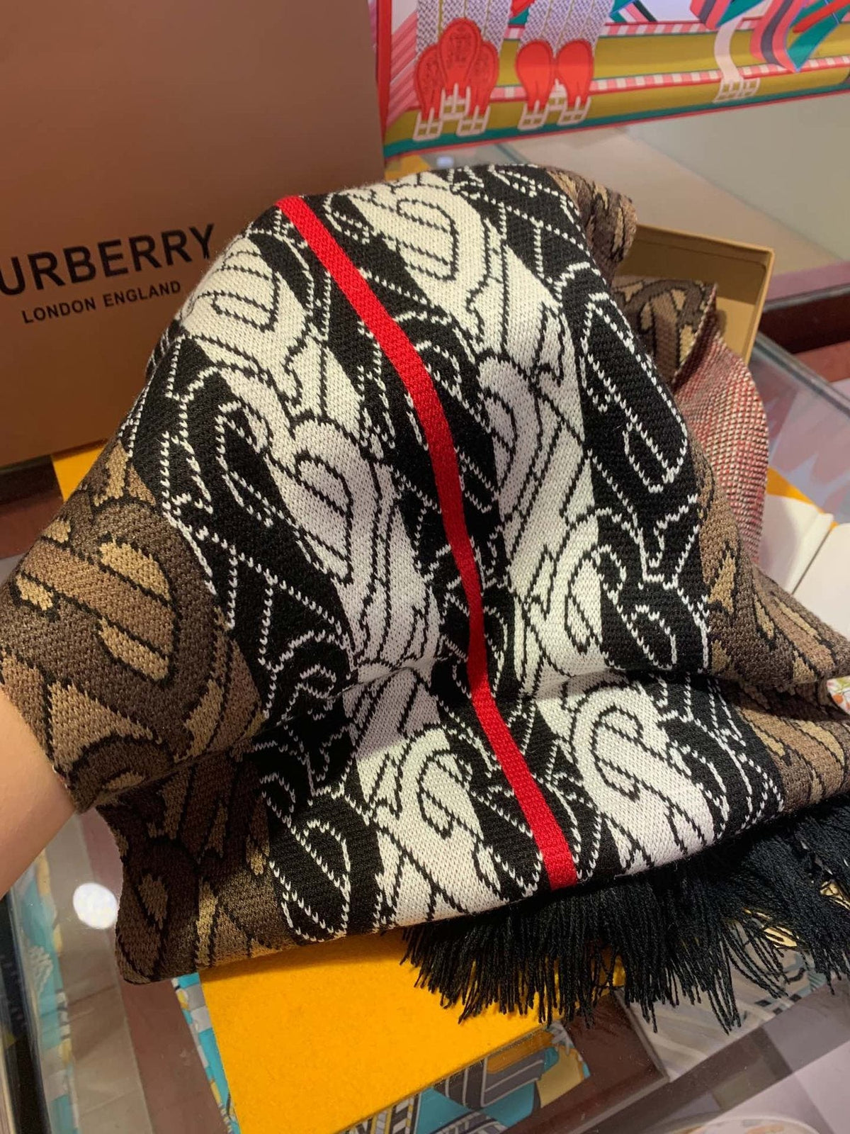 Burberry TB Monogram Fringed Scarf — detail