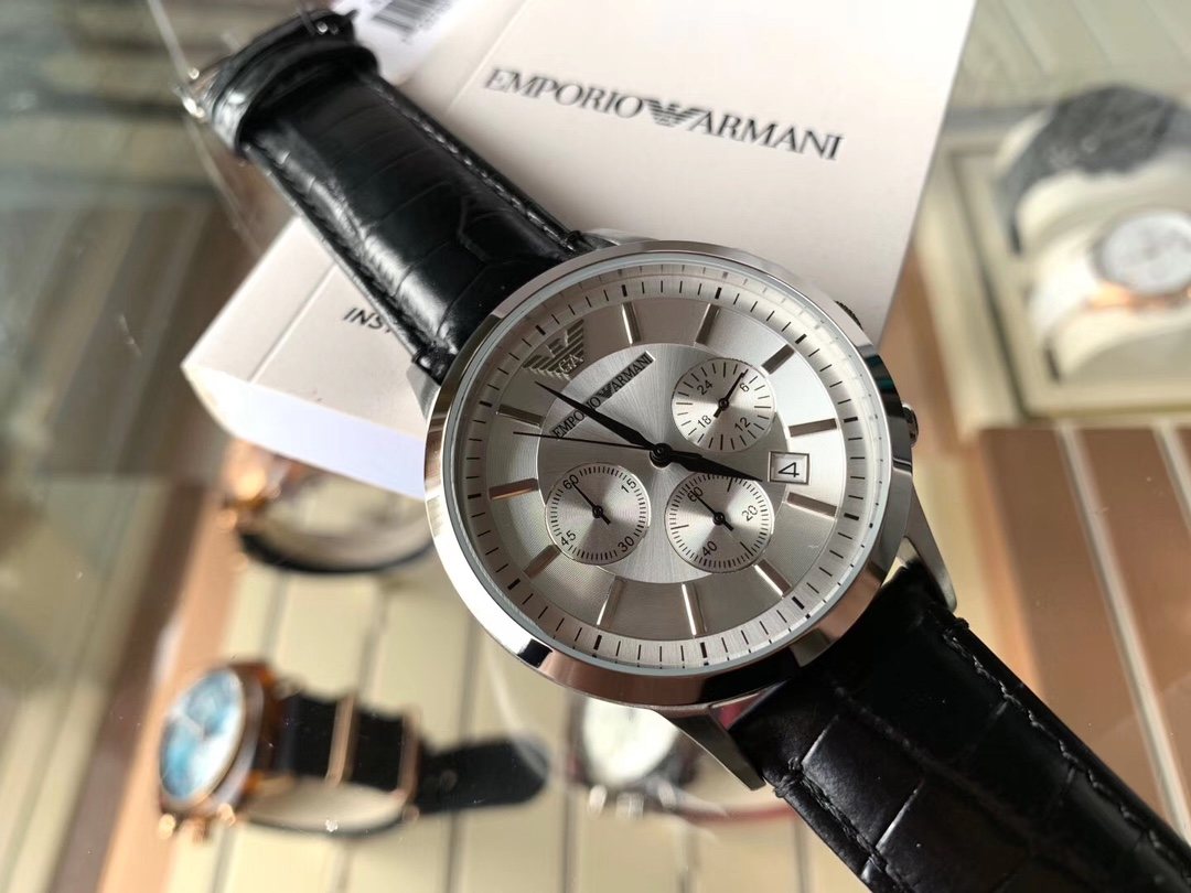 EMPORIO ARMANI Silver Dial Black Strap Watch — front