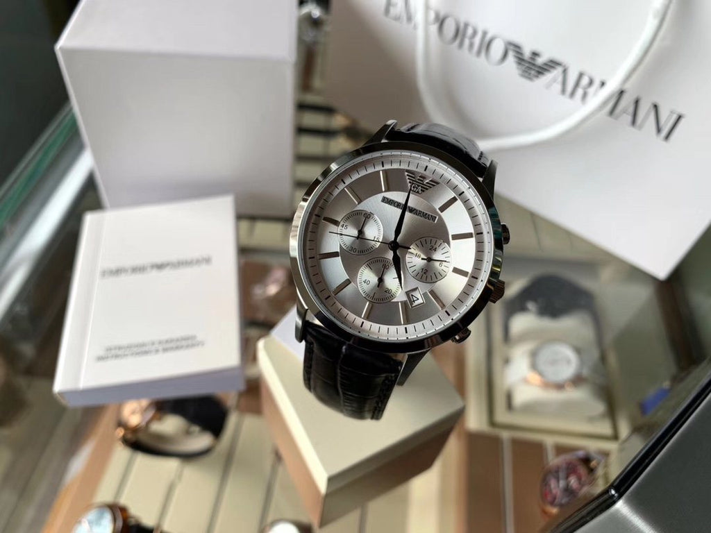 EMPORIO ARMANI Silver Dial Black Strap Watch — front