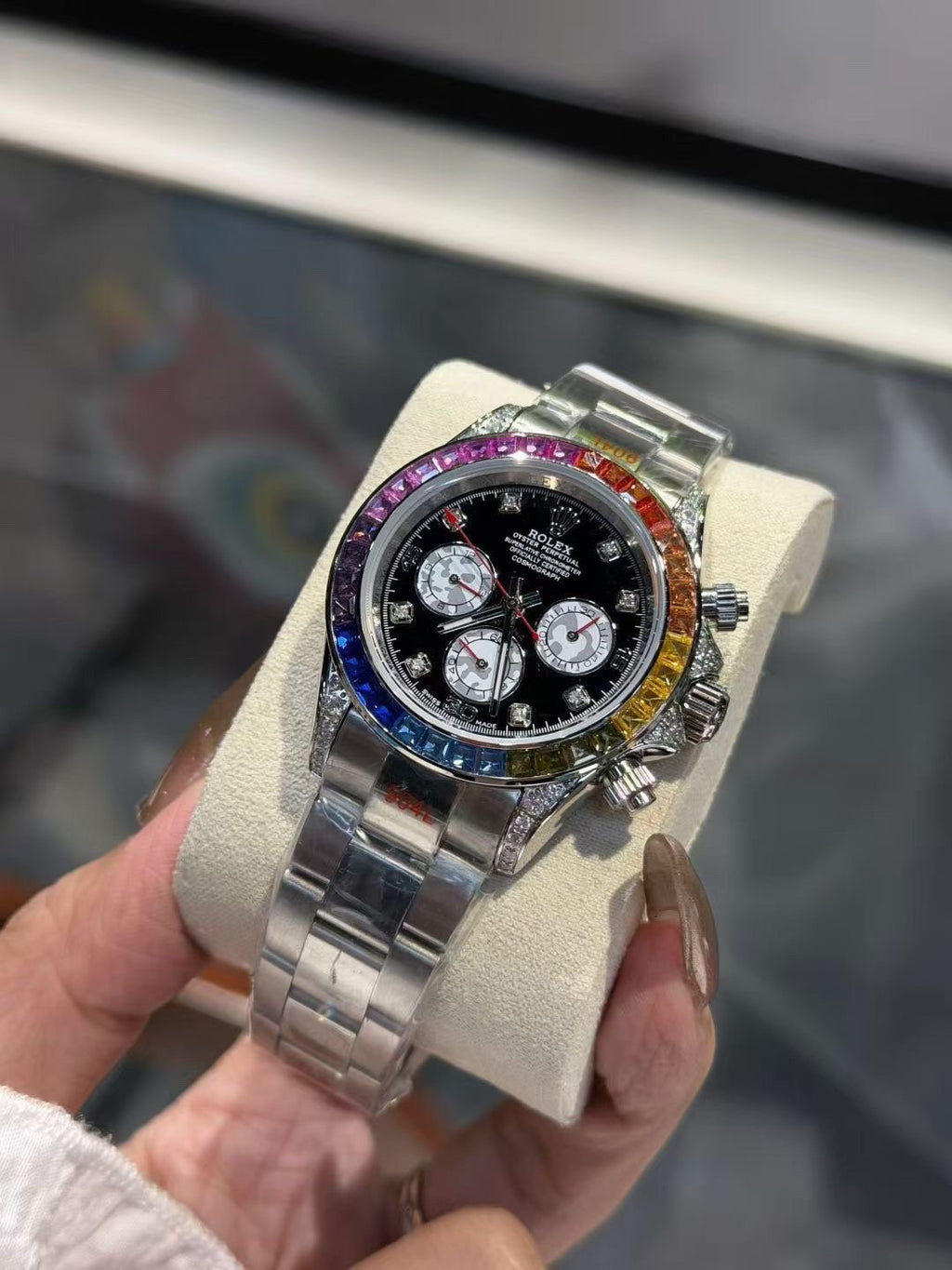 Rolex Rainbow Bezel Black Dial Watch — hero