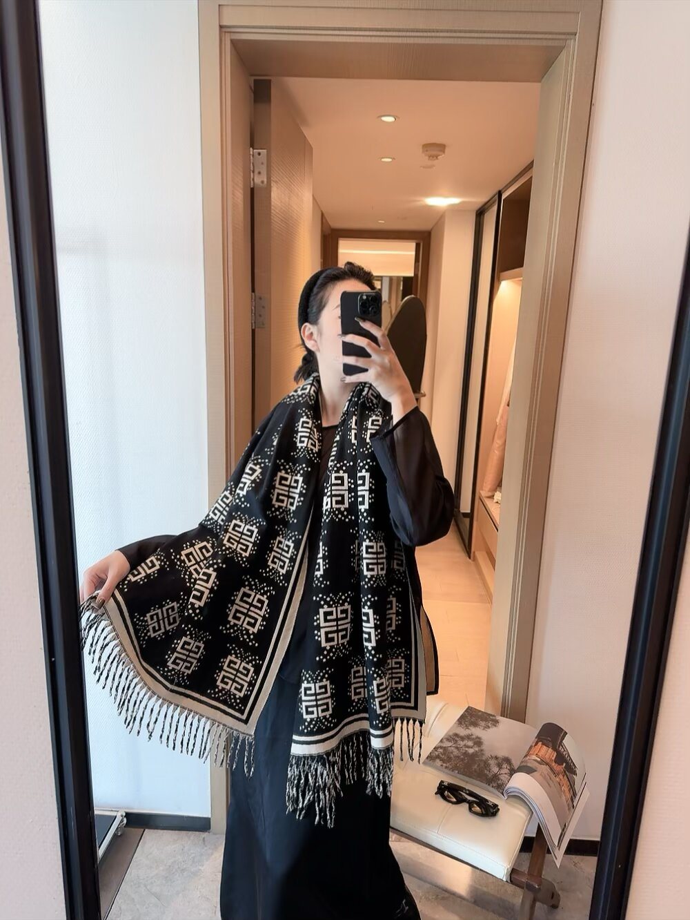 Givenchy Geometric Monogram Fringe Scarf — model