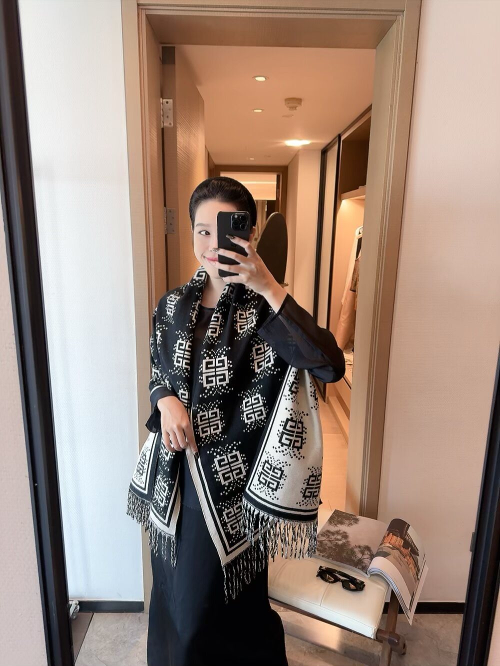 Givenchy Geometric Monogram Fringe Scarf — model