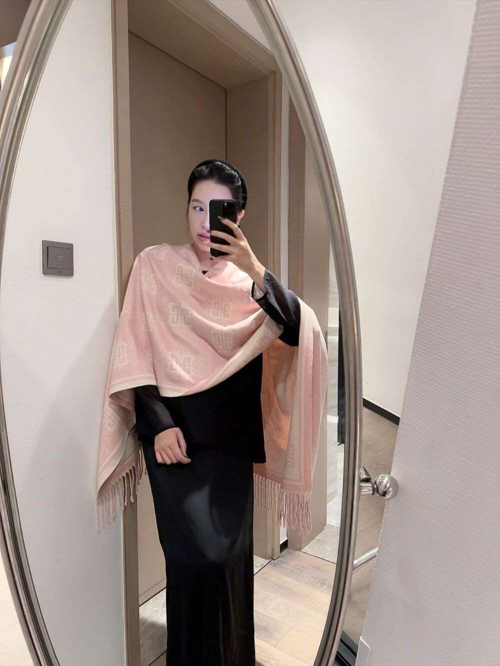 Givenchy Geometric Monogram Fringe Scarf — model