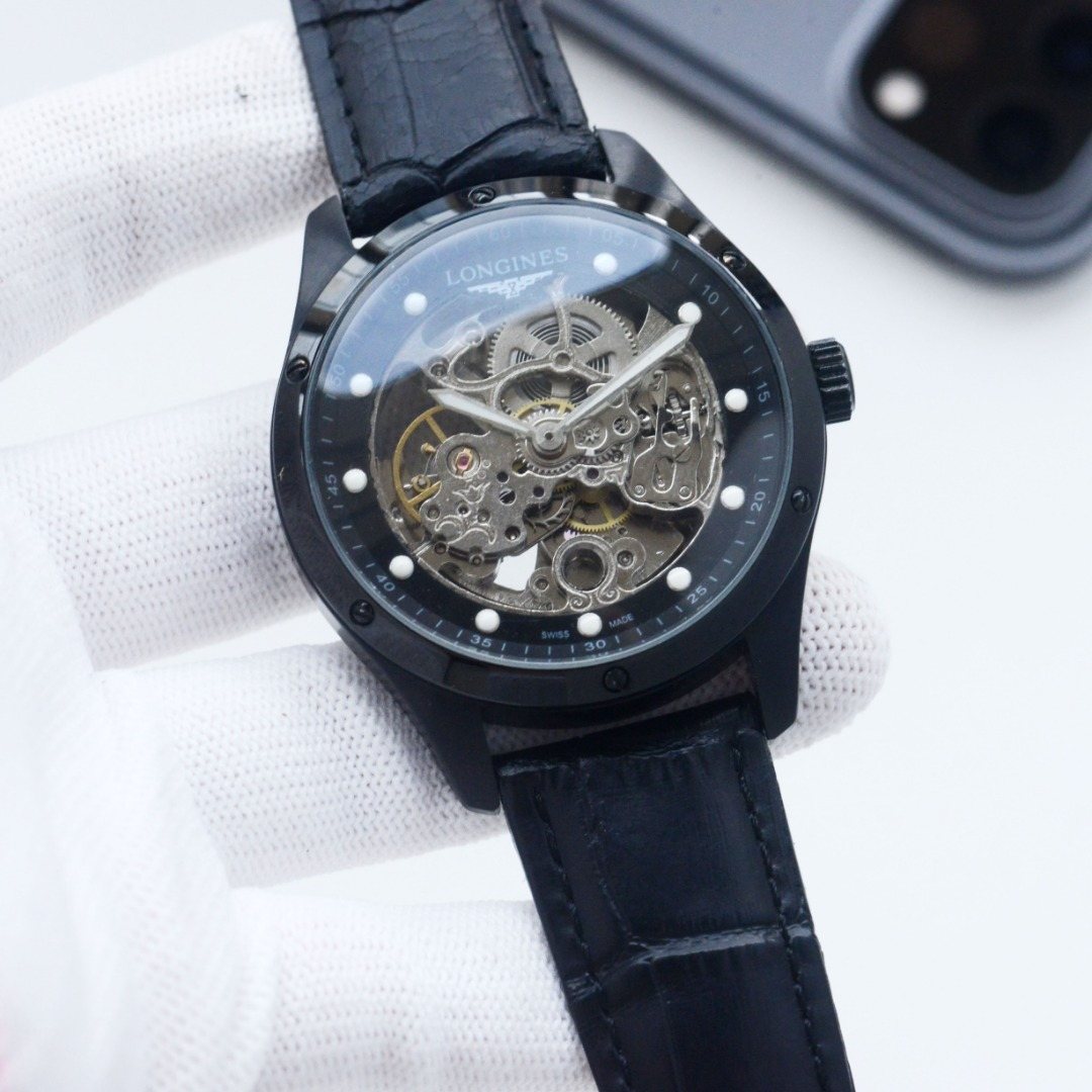 Longines Black Leather Strap Watch — hero
