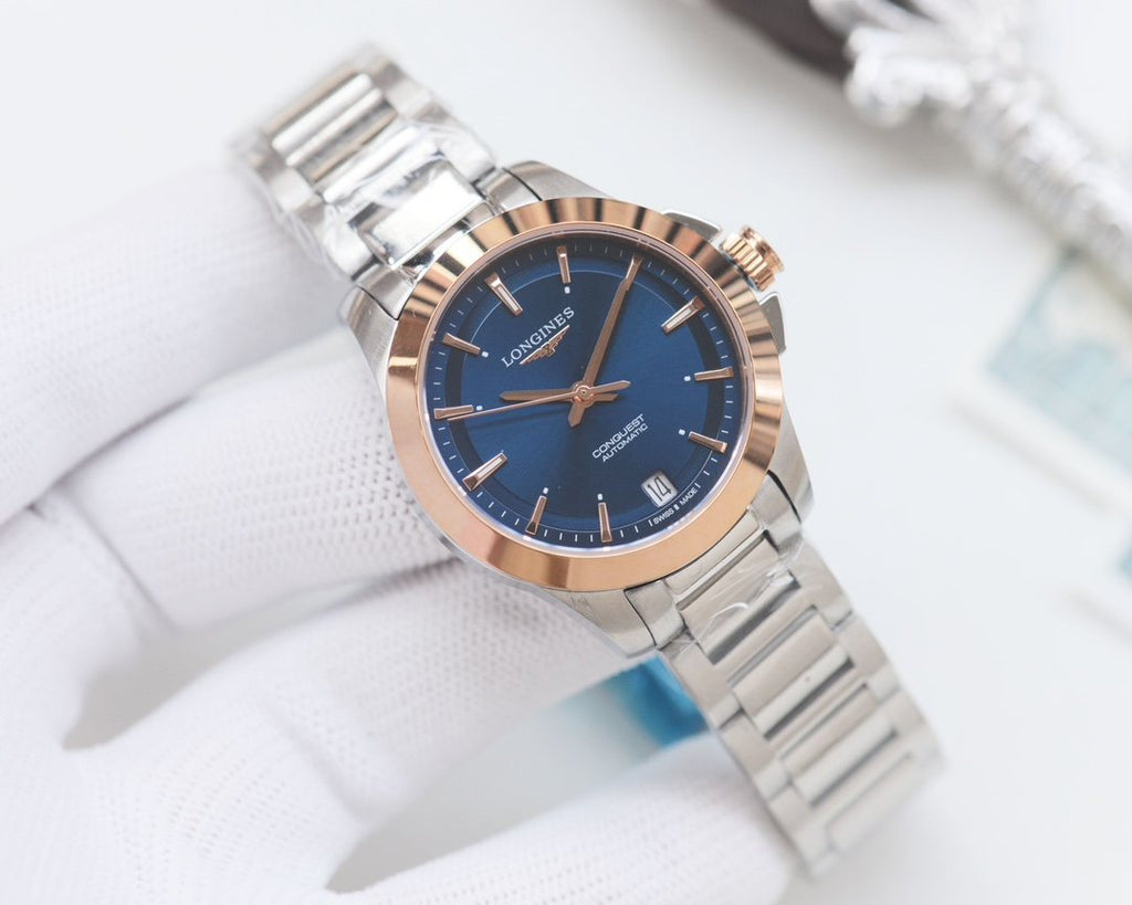Longines Rose Gold Silver Blue Dial Bracelet Watch — hero