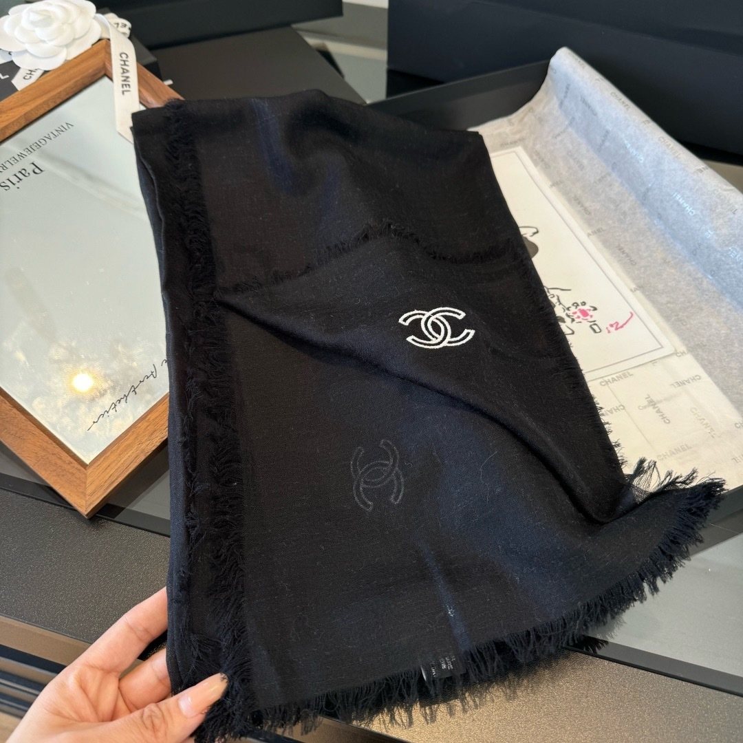 Chanel Fringed Cashmere Scarf — model