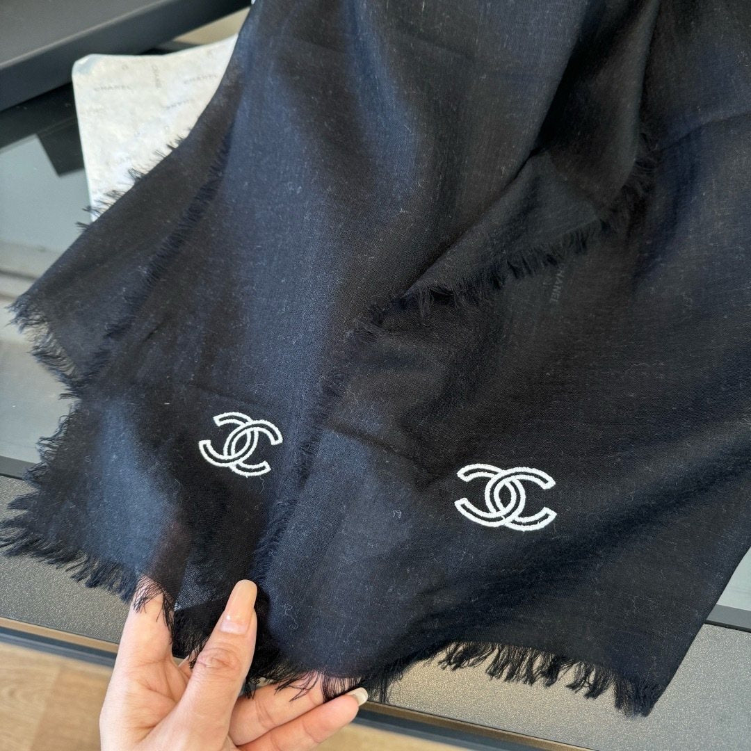 Chanel Fringed Cashmere Scarf — model