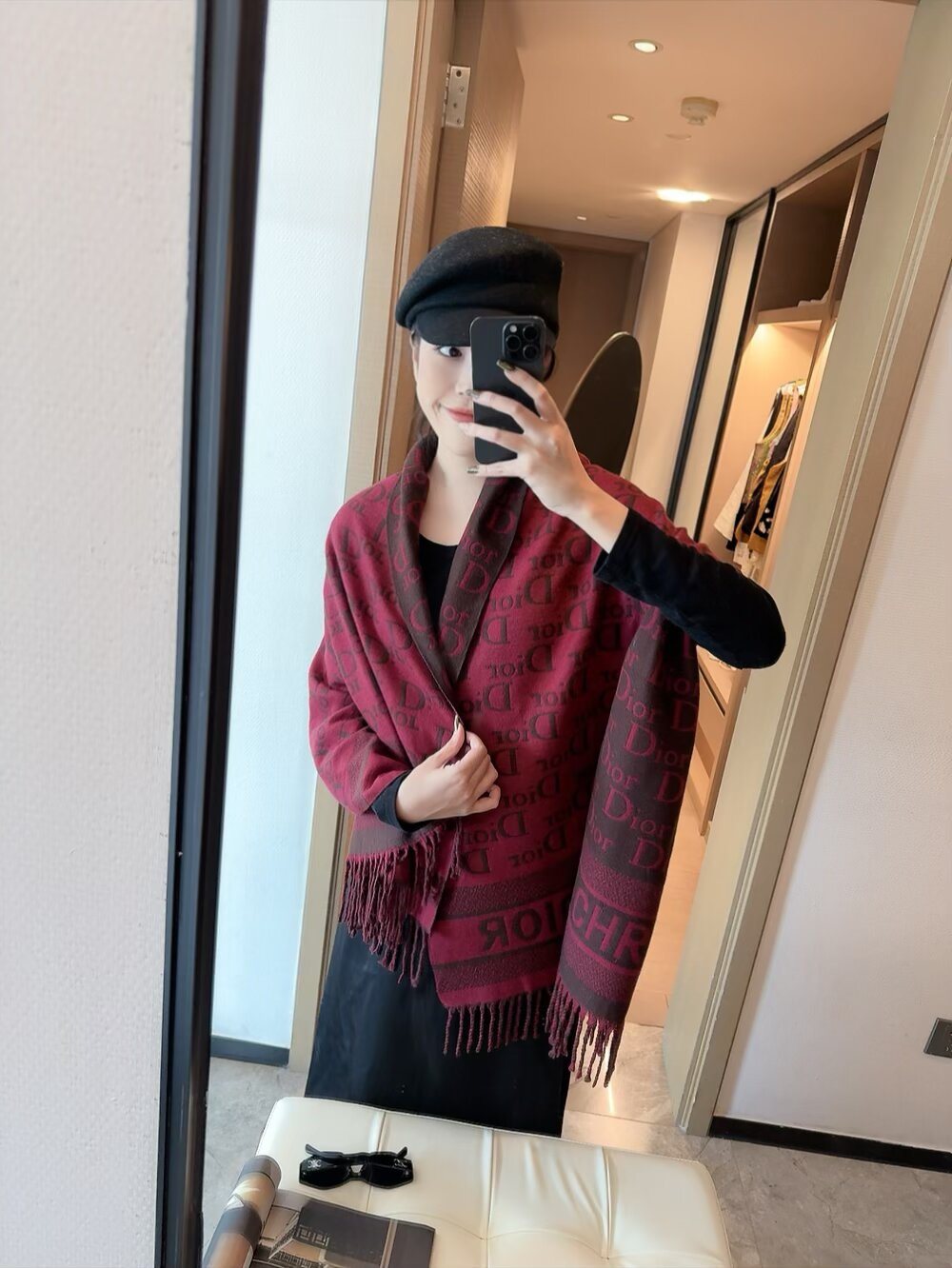 Dior Logo-Pattern Fringed Scarf — model