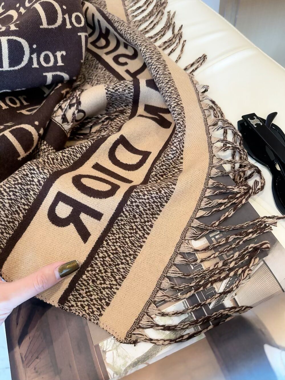 Dior Logo-Pattern Fringed Scarf — detail