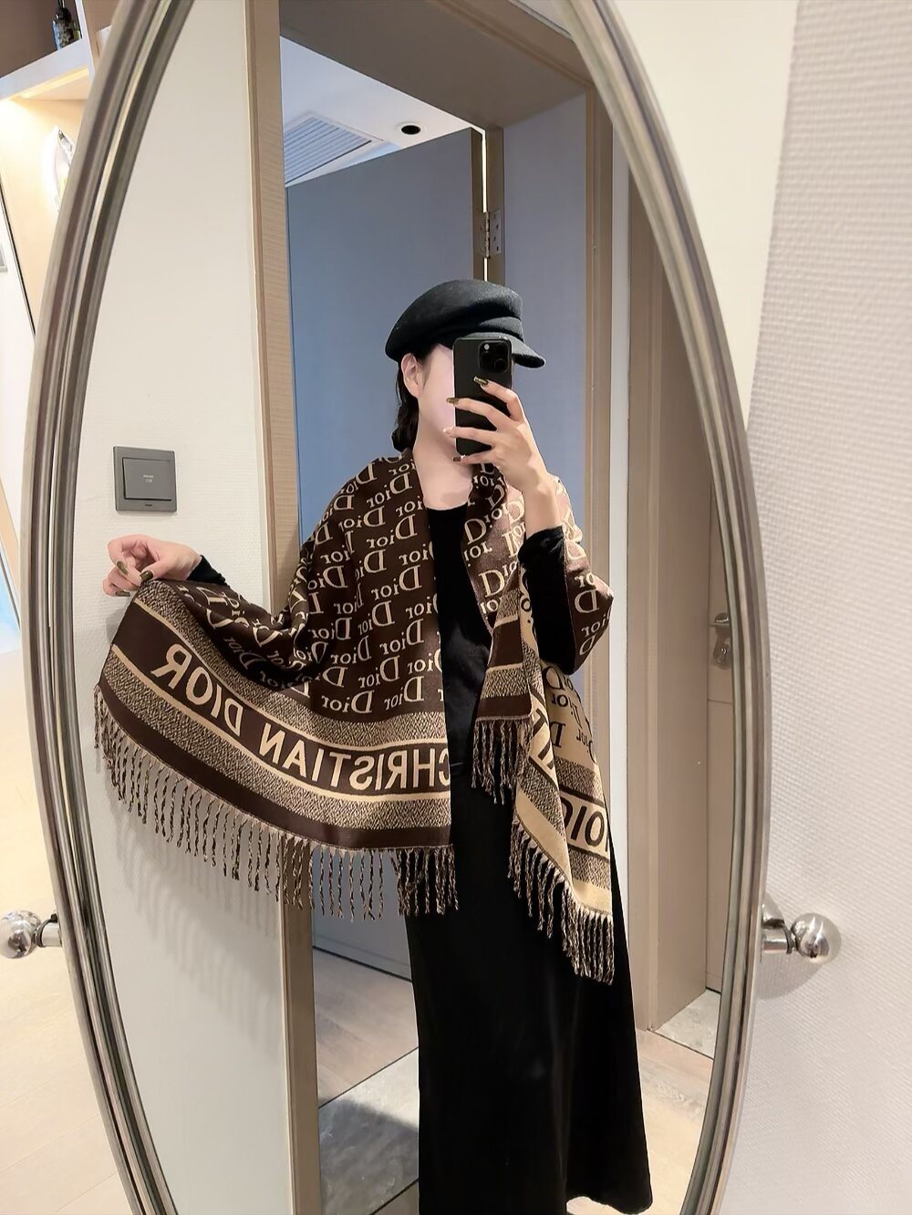 Dior Logo-Pattern Fringed Scarf — model