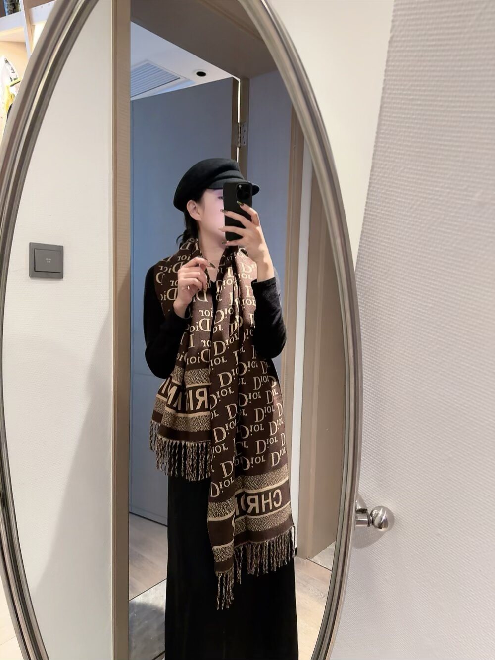 Dior Logo-Pattern Fringed Scarf — model
