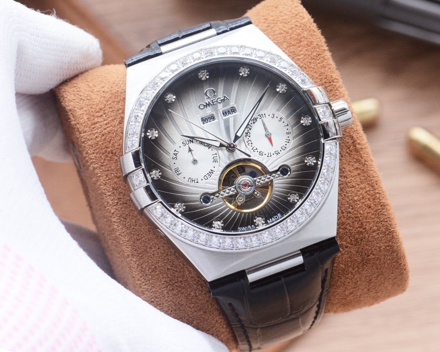 Omega Black Silver Dial Strap Watch — hero