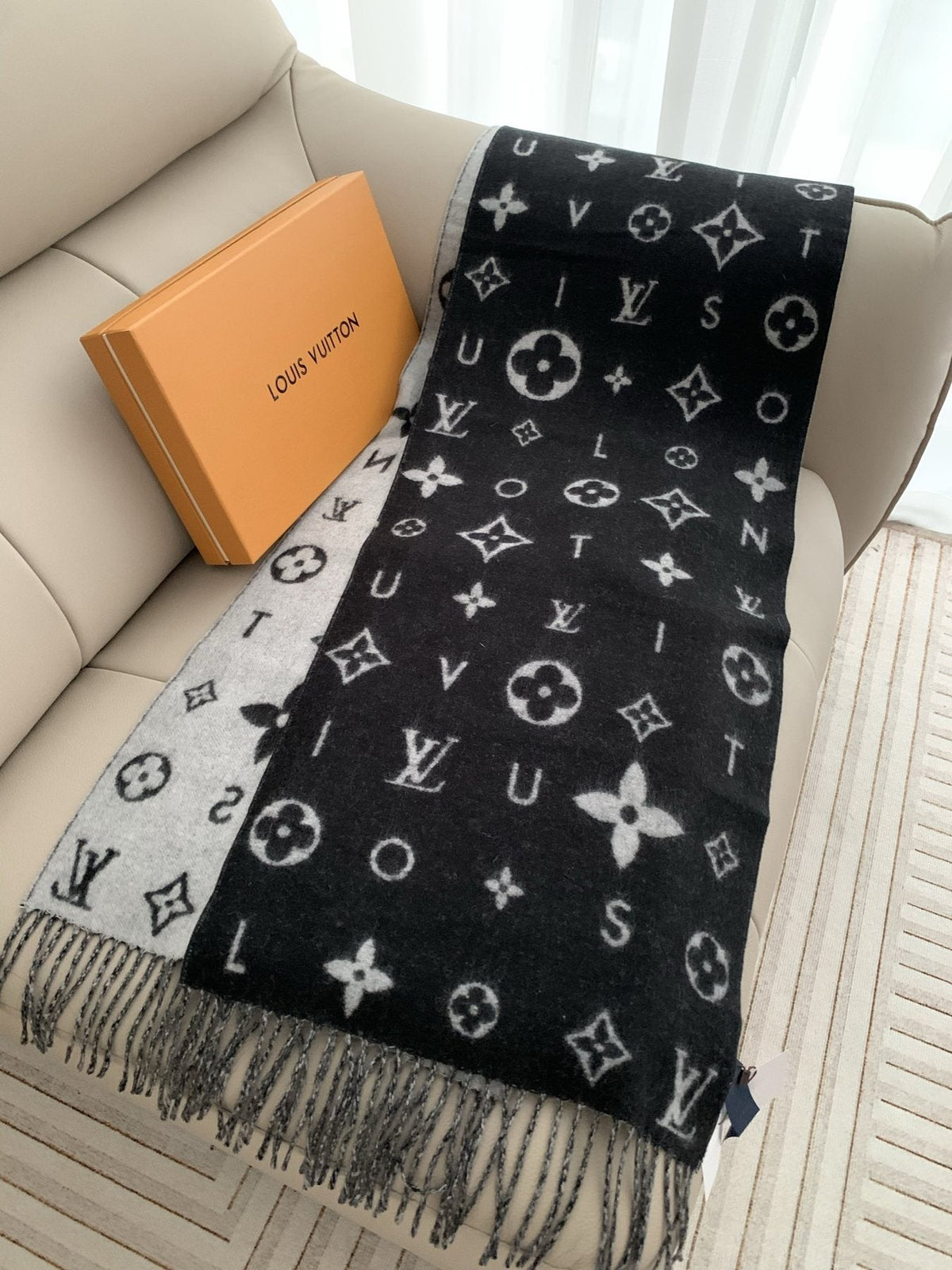 Louis Vuitton Black & Gray Reversible Scarf — front