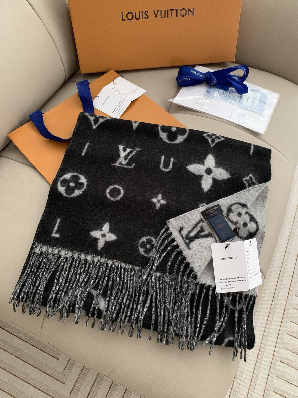 Louis Vuitton Black & Gray Reversible Scarf — side