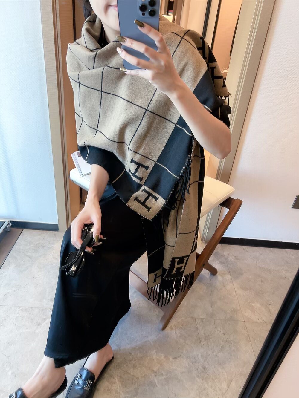 Hermès Light Beige and Black Grid Fringed Scarf — model