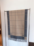 Hermès Light Beige and Black Grid Fringed Scarf — hero