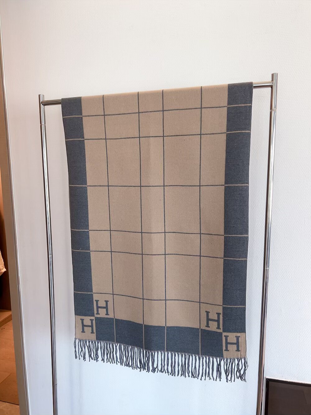 Hermès Light Beige and Black Grid Fringed Scarf — hero