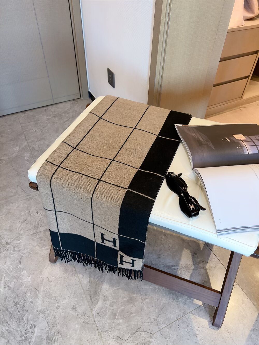 Hermès Light Beige and Black Grid Fringed Scarf — front