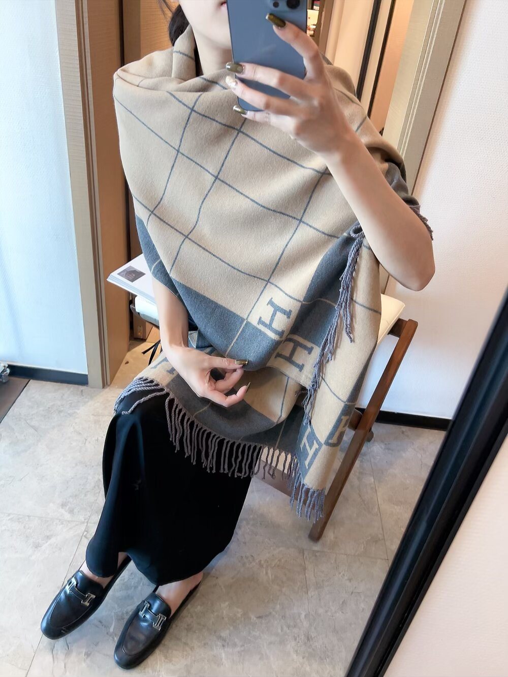 Hermès Light Beige and Black Grid Fringed Scarf — model