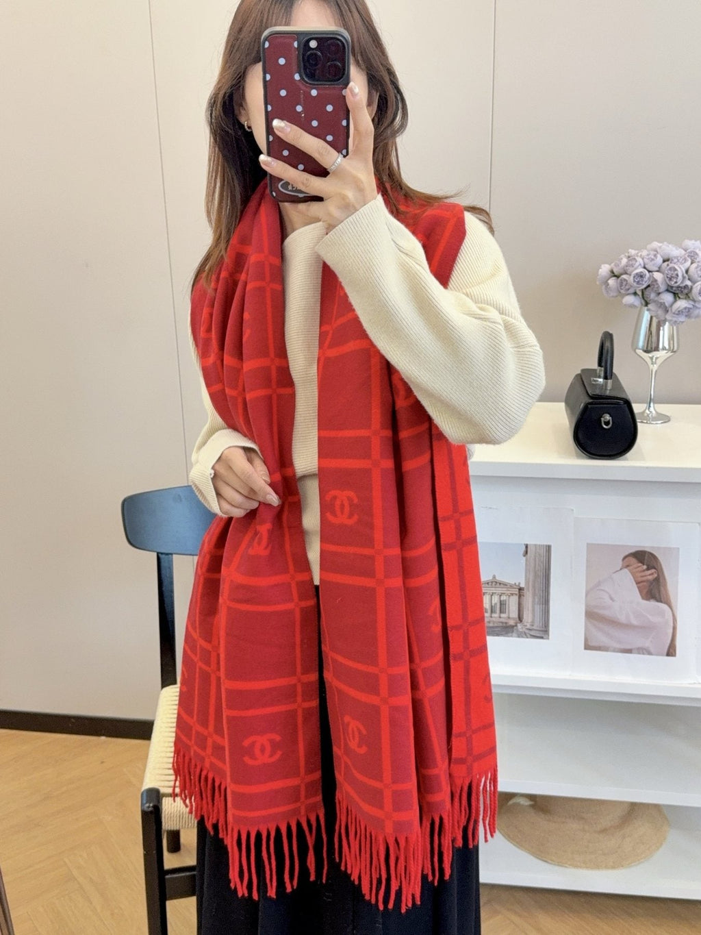 Chanel Burgundy Red Logo Check Scarf — model