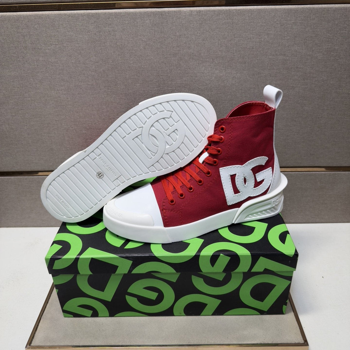 Dolce & Gabbana Red and White High-Top Sneakers — side