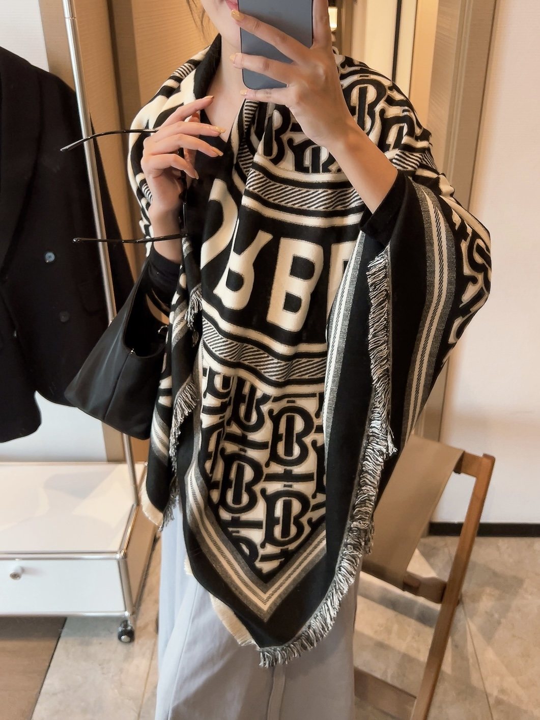 Burberry Black & Ivory Logo Square Scarf — model