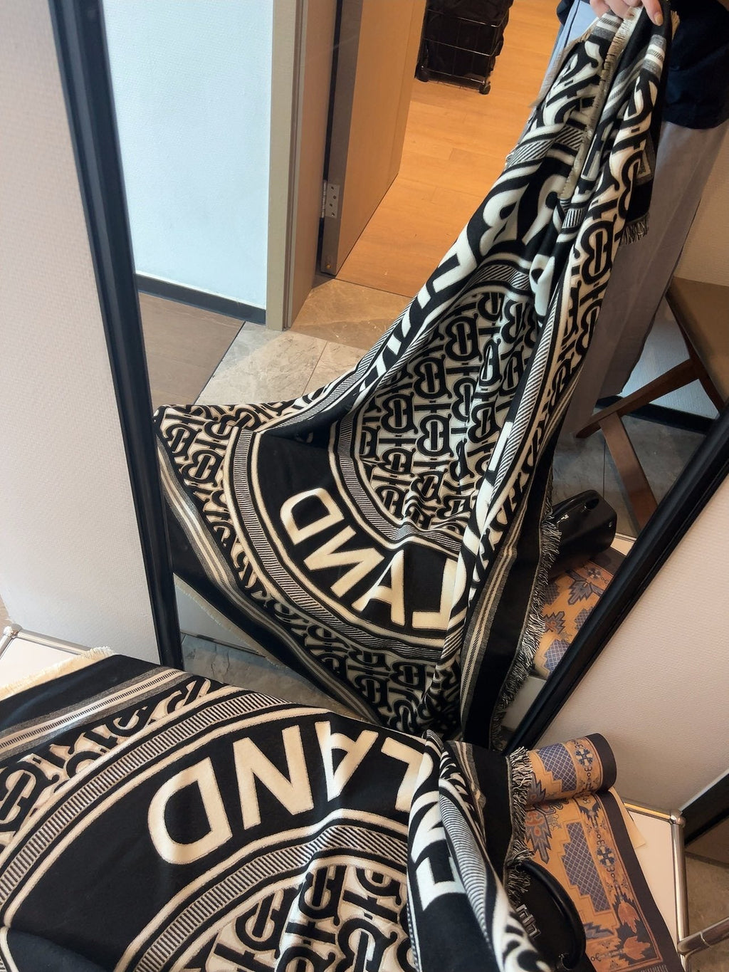 Burberry Black & Ivory Logo Square Scarf — side