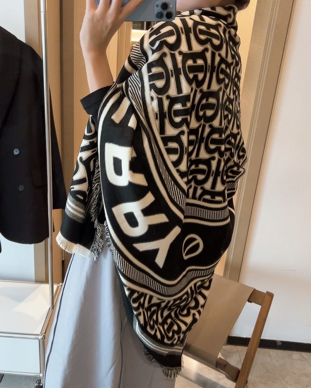 Burberry Black & Ivory Logo Square Scarf — model