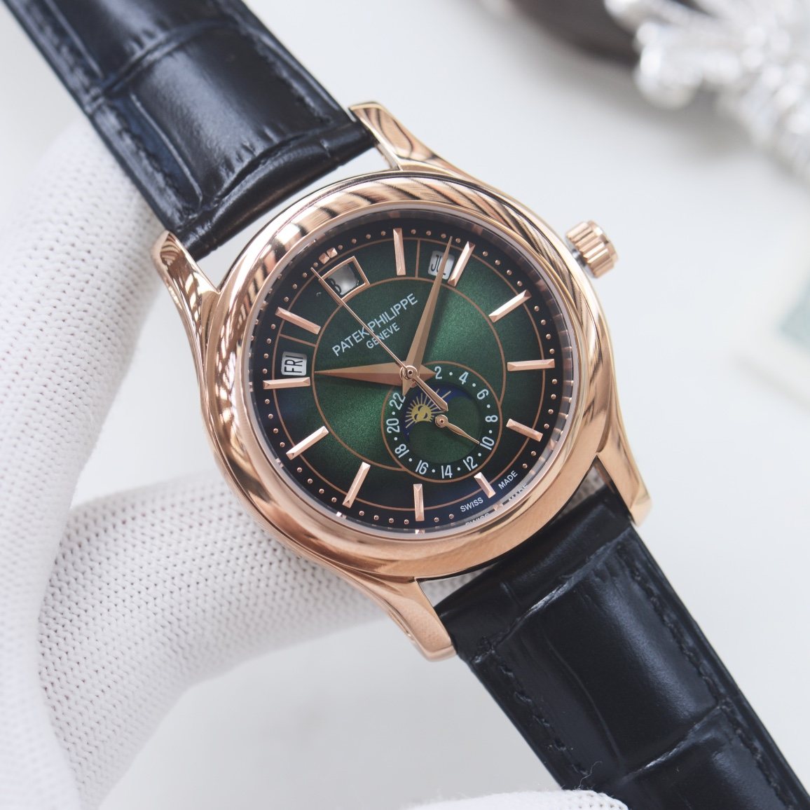 PATEK PHILIPPE Rose Gold Black Green Dial Strap Watch — hero