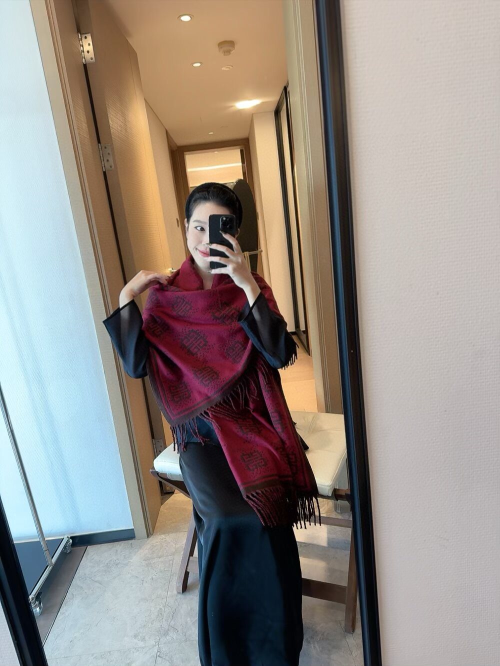 Givenchy Burgundy Geometric Fringe Scarf — model