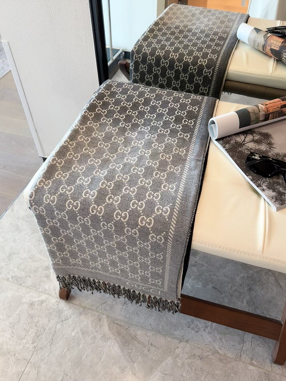 Gucci Brown Beige Jacquard Fringe Scarf — hero