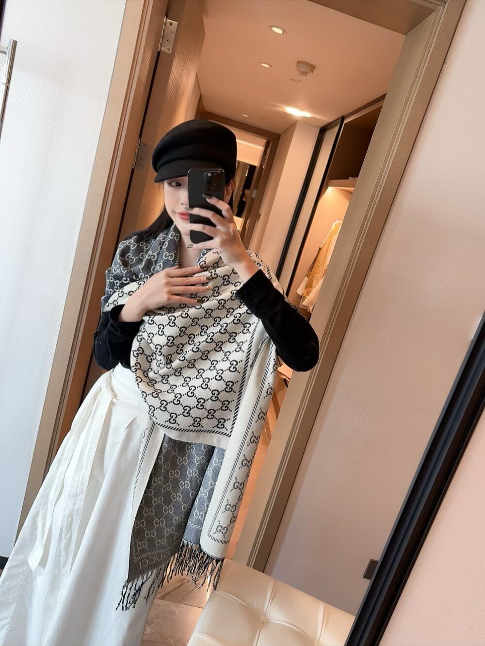 Gucci Brown Beige Jacquard Fringe Scarf — model