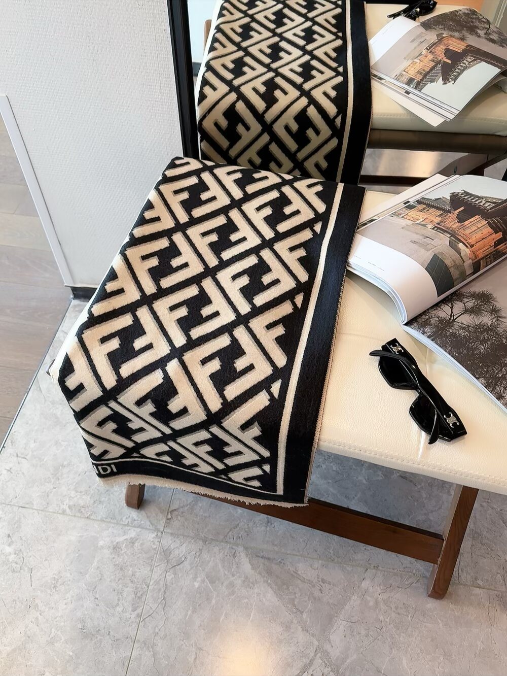 FENDI Black & Beige Monogram Scarf — front