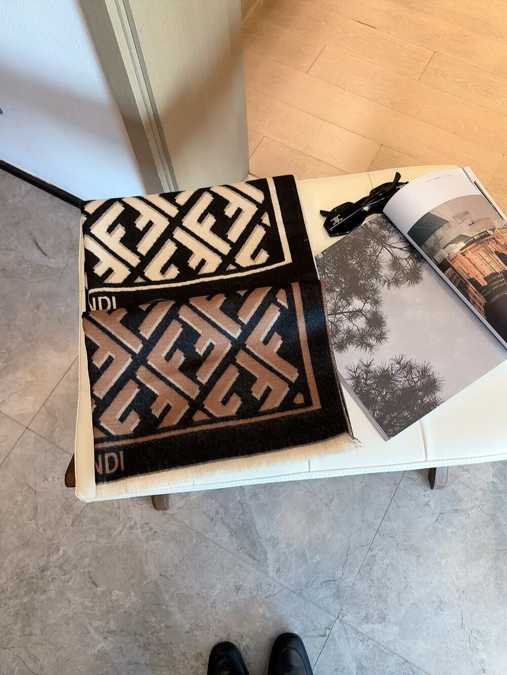 FENDI Black & Beige Monogram Scarf — hero
